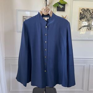 Patrick Christopher Dark Blue 100% Silk Band Collar Gold Button Blouse 18W